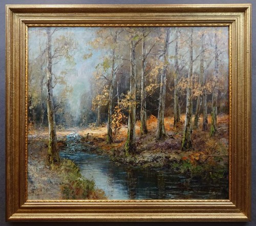 Potok w lesie pełnym słońca malarstwo aukcyjne Christian Stemmeler