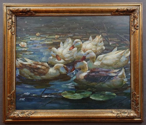 Stadko kaczek na tafli jeziora - obraz na płótnie