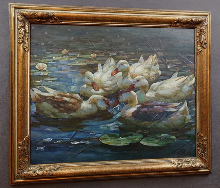 Stadko kaczek na tafli jeziora - obraz na płótnie