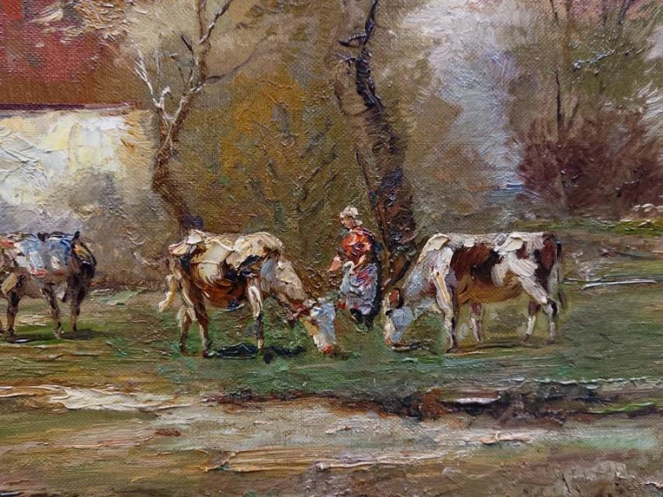 Promienny pejzaż z krowami - obraz wiejski - M. Waechter