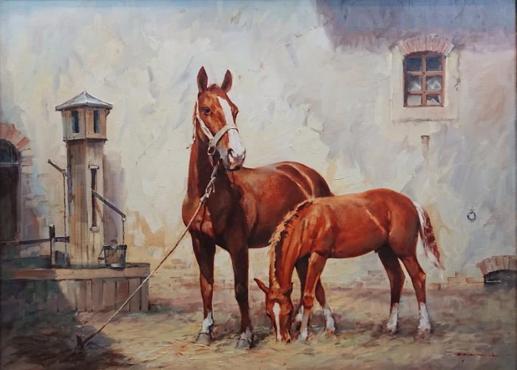 Obraz z końmi - Klacz i źrebak - Hans Nickiel