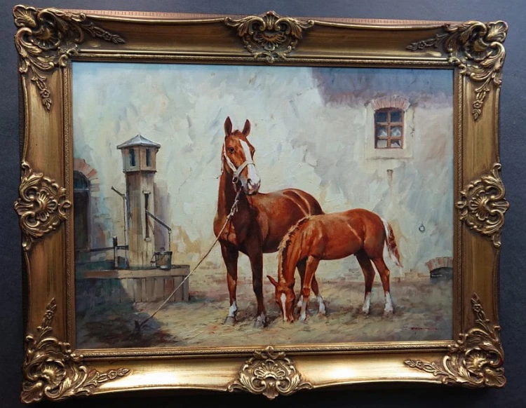 Obraz z końmi - Klacz i źrebak - Hans Nickiel