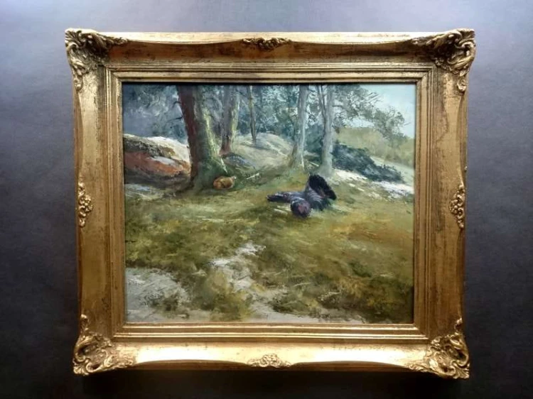 Obraz olejny Wilhelm SCHUSTERS potyczka Głuszec i Łasica