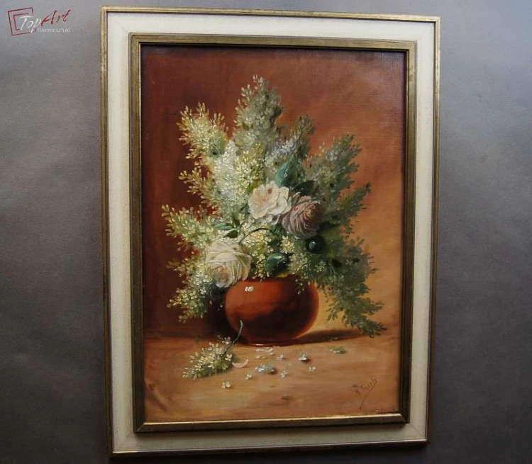 Stary obraz R. Thiele bukiet kwiatów 19 wiek 