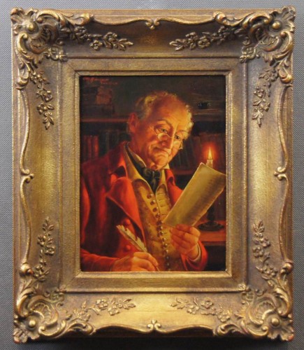 Dziadziunio piszący list - Otto Kirchner - przedwojenny obraz olejny