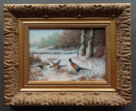 Stado bażantów zimową aurą - obraz animalisty Karl Hans Boese