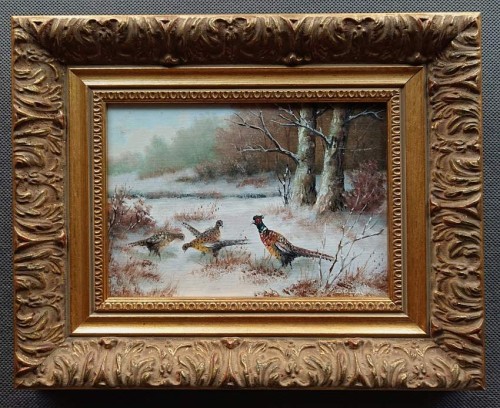 Stado bażantów zimową aurą - obraz animalisty Karl Hans Boese