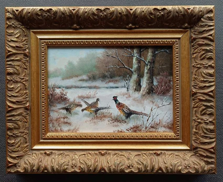 Stado bażantów zimową aurą - obraz animalisty Karl Hans Boese