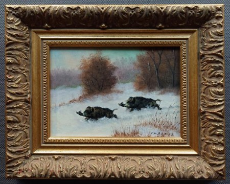 Dwa dziki zimową aurą - obraz animalisty Karl Hans Boese
