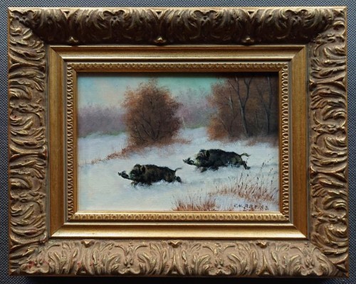 Dwa dziki zimową aurą - obraz animalisty Karl Hans Boese