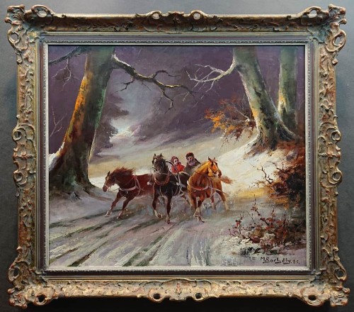 Sanie z końmi w galopie - Michael Borbely malarstwo węgierskie