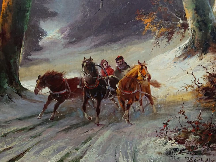 Sanie z końmi w galopie - Michael Borbely malarstwo węgierskie