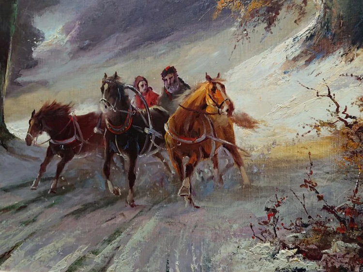 Sanie z końmi w galopie - Michael Borbely malarstwo węgierskie