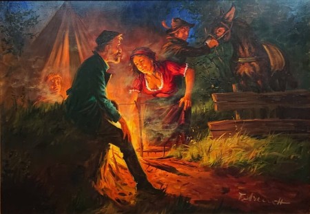 Obozowisko przy ognisku nocą - Fred Arendt - malarstwo rodzajowe