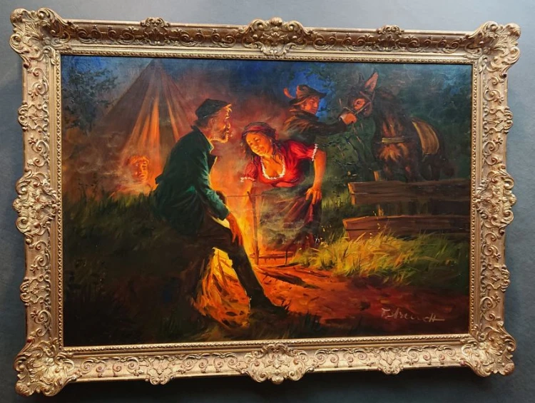 Obozowisko przy ognisku nocą - Fred Arendt - malarstwo rodzajowe