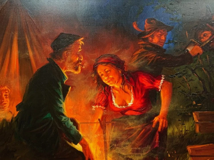 Obozowisko przy ognisku nocą - Fred Arendt - malarstwo rodzajowe