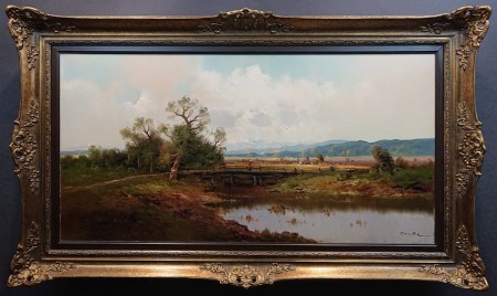 Pejzaż z rzeką i drewnianym mostkiem - Obraz krajobraz - Ernst Jugel