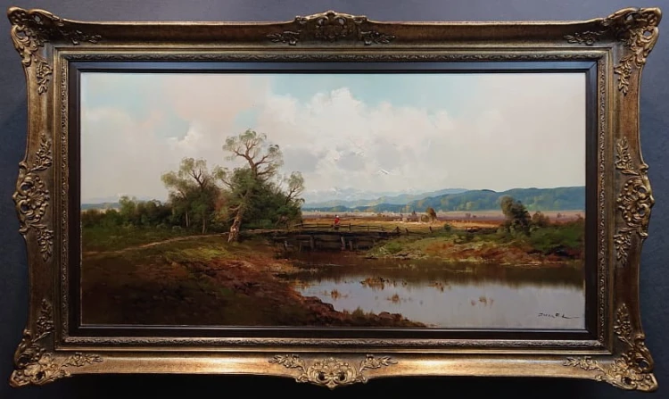 Pejzaż z rzeką i drewnianym mostkiem - Obraz krajobraz - Ernst Jugel