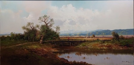 Pejzaż z rzeką i drewnianym mostkiem - Obraz krajobraz - Ernst Jugel