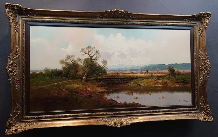 Pejzaż z rzeką i drewnianym mostkiem - Obraz krajobraz - Ernst Jugel