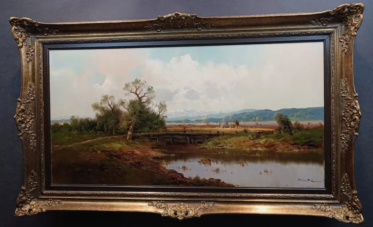 Pejzaż z rzeką i drewnianym mostkiem - Obraz krajobraz - Ernst Jugel