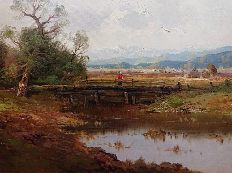 Pejzaż z rzeką i drewnianym mostkiem - Obraz krajobraz - Ernst Jugel