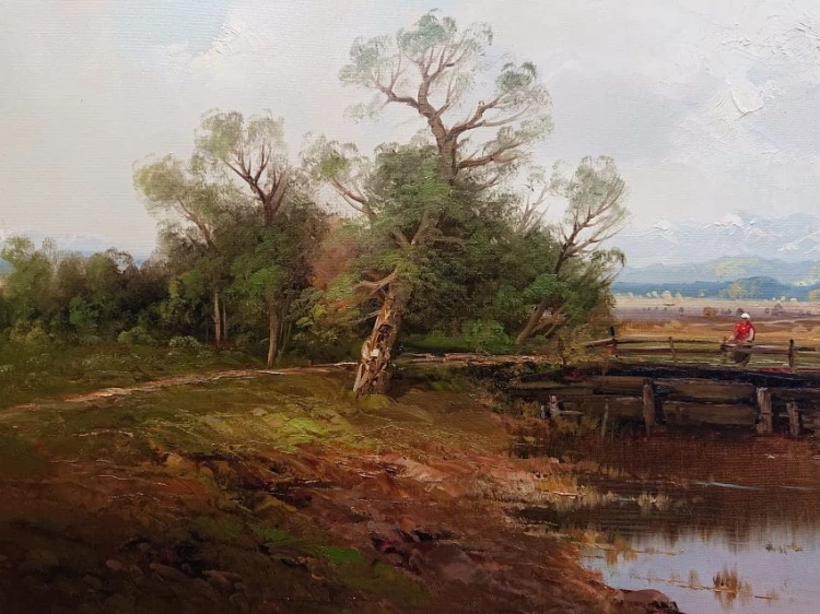 Pejzaż z rzeką i drewnianym mostkiem - Obraz krajobraz - Ernst Jugel