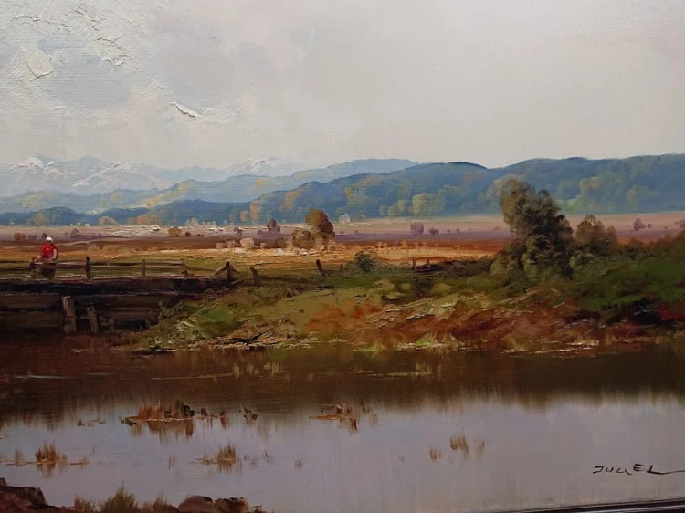 Pejzaż z rzeką i drewnianym mostkiem - Obraz krajobraz - Ernst Jugel