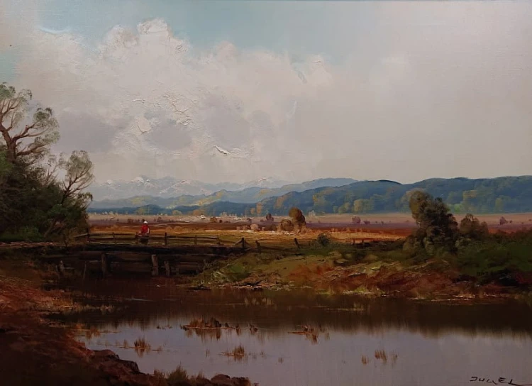 Pejzaż z rzeką i drewnianym mostkiem - Obraz krajobraz - Ernst Jugel