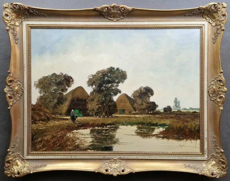 Wiejski pejzaż z drewnianymi chatami - Jean Coune - malarstwo krajobrazowe
