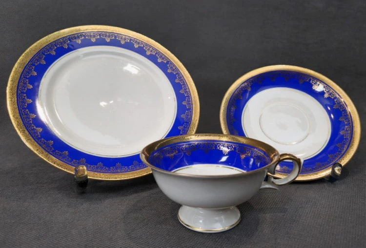 Niebieski - zestaw śniadaniowy bogate dekoracje - Porcelana Alka