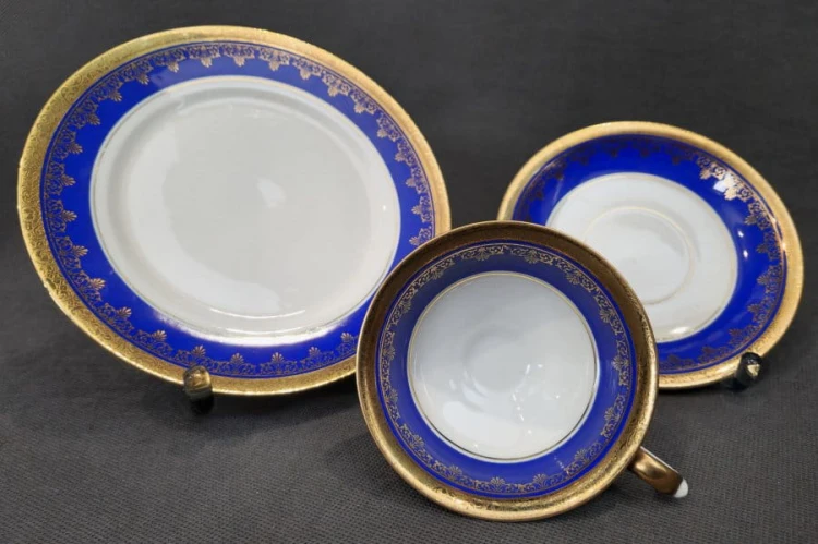 Niebieski - zestaw śniadaniowy bogate dekoracje - Porcelana Alka
