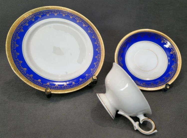 Niebieski - zestaw śniadaniowy bogate dekoracje - Porcelana Alka