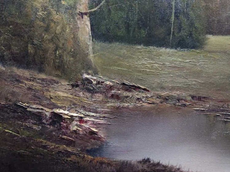 Pejzaż lasu z potokiem - Karl Schmidbauer - klimatyczne malarstwo