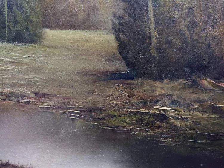 Pejzaż lasu z potokiem - Karl Schmidbauer - klimatyczne malarstwo