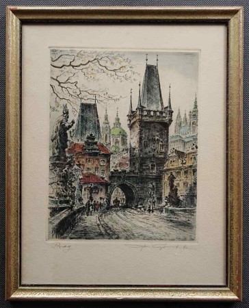 Praga i Most Karola - kolorowa grafika - Friedrich Görtitz