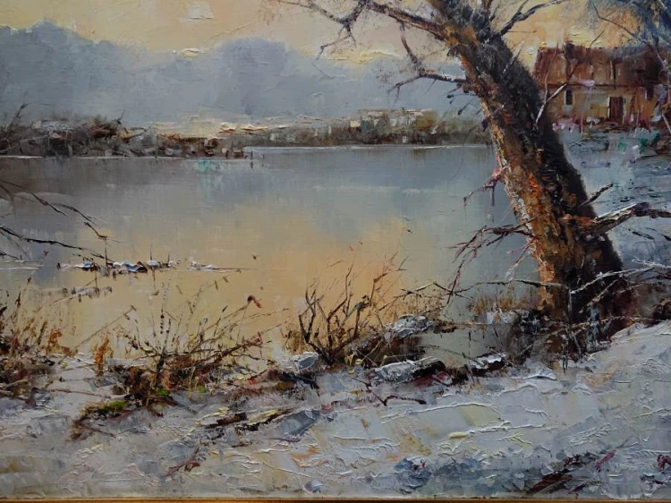 Pierwszy śnieg - Friedrich Karl Thauer - wyjątkowo duży obraz olejny