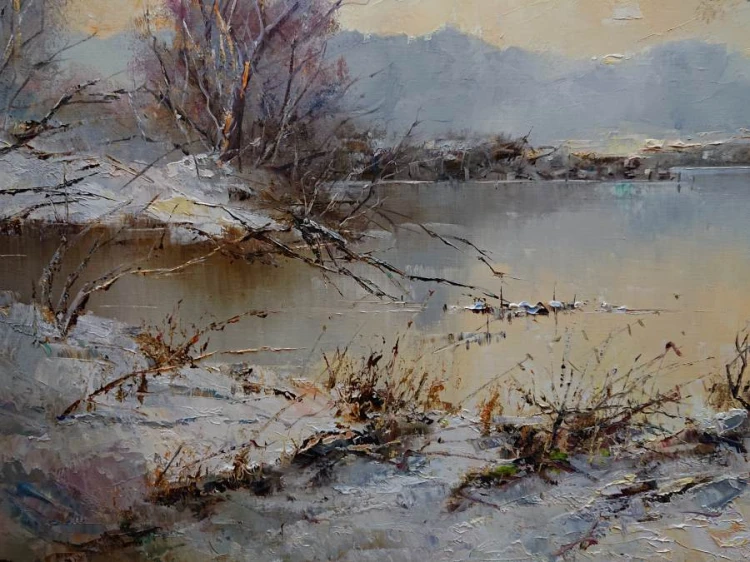 Pierwszy śnieg - Friedrich Karl Thauer - wyjątkowo duży obraz olejny