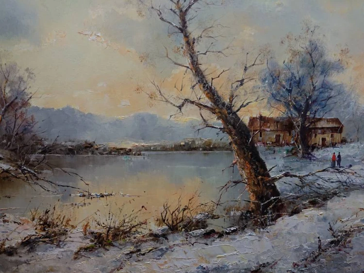 Pierwszy śnieg - Friedrich Karl Thauer - wyjątkowo duży obraz olejny