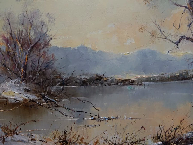 Pierwszy śnieg - Friedrich Karl Thauer - wyjątkowo duży obraz olejny