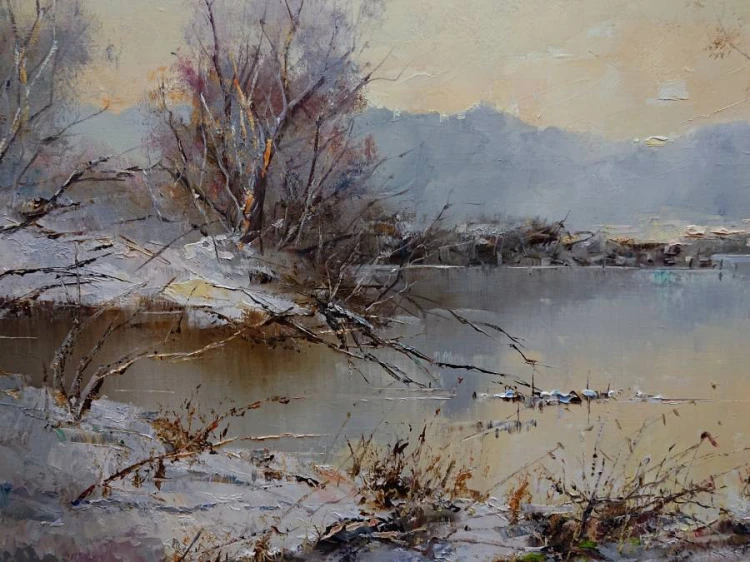 Pierwszy śnieg - Friedrich Karl Thauer - wyjątkowo duży obraz olejny