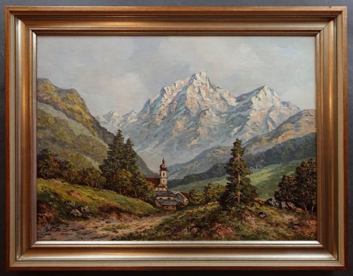 Panorama górska z kościółkiem - uroczy obraz olejny - Sander