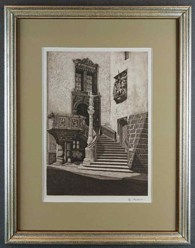 Zgorzelec historyczne wejście do ratusza - akwaforta Wilhelm Pohl