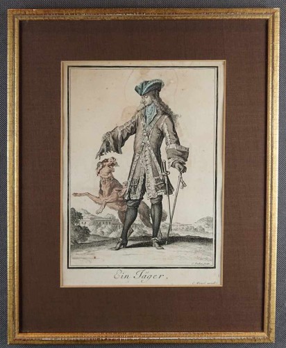 Myśliwy z psem - miedzioryt 1703 rok - Caspar Luyken