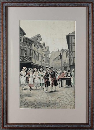 Uliczna scena rodzajowa - obraz z jedwabiu XIX wiek