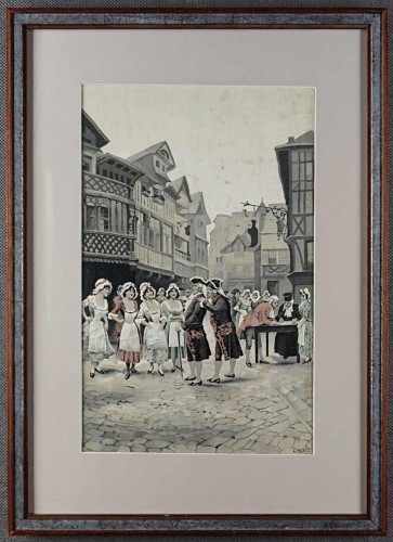Uliczna scena rodzajowa - obraz z jedwabiu XIX wiek