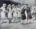 Uliczna scena rodzajowa - obraz z jedwabiu XIX wiek