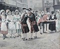 Uliczna scena rodzajowa - obraz z jedwabiu XIX wiek