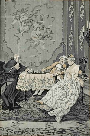 Flirt przy grze w szachy - obraz z jedwabiu XIX wiek