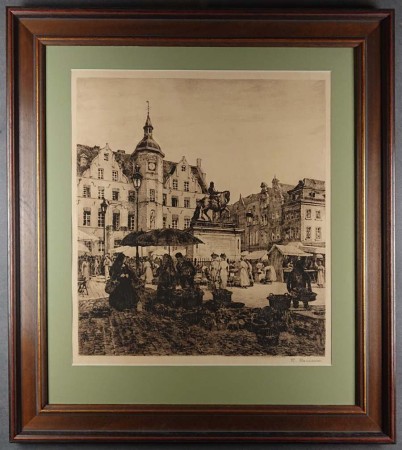 Rynek w Düsseldorfie - stara duża akwaforta - Heinrich Hermanns